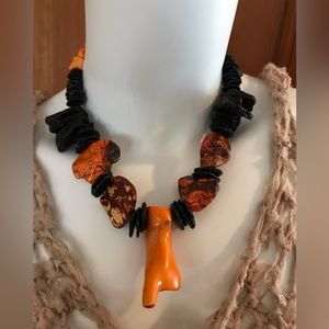 Chunky Black & Orange Coral Necklace 19” NEW